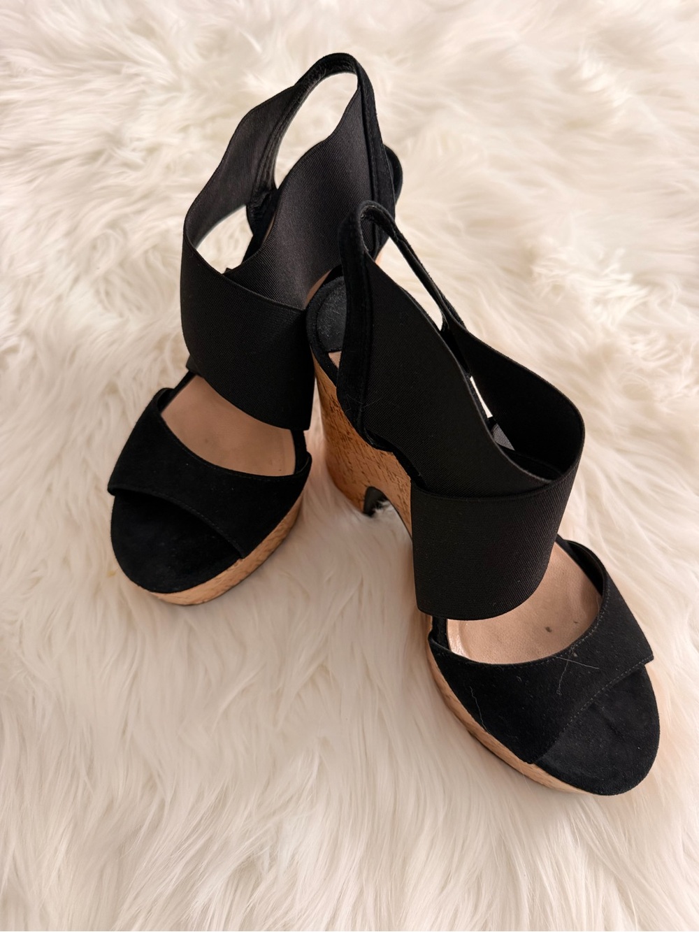 Diane Von Furstenberg Black Elastic Strap Cork Wedge Sandals
